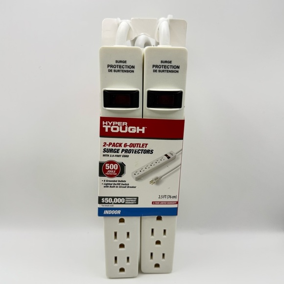 Hyper Tough 2 Pack 6 Outlet Surge Protectors Protection 2.5 Foot Circuit Breaker - Picture 1 of 4